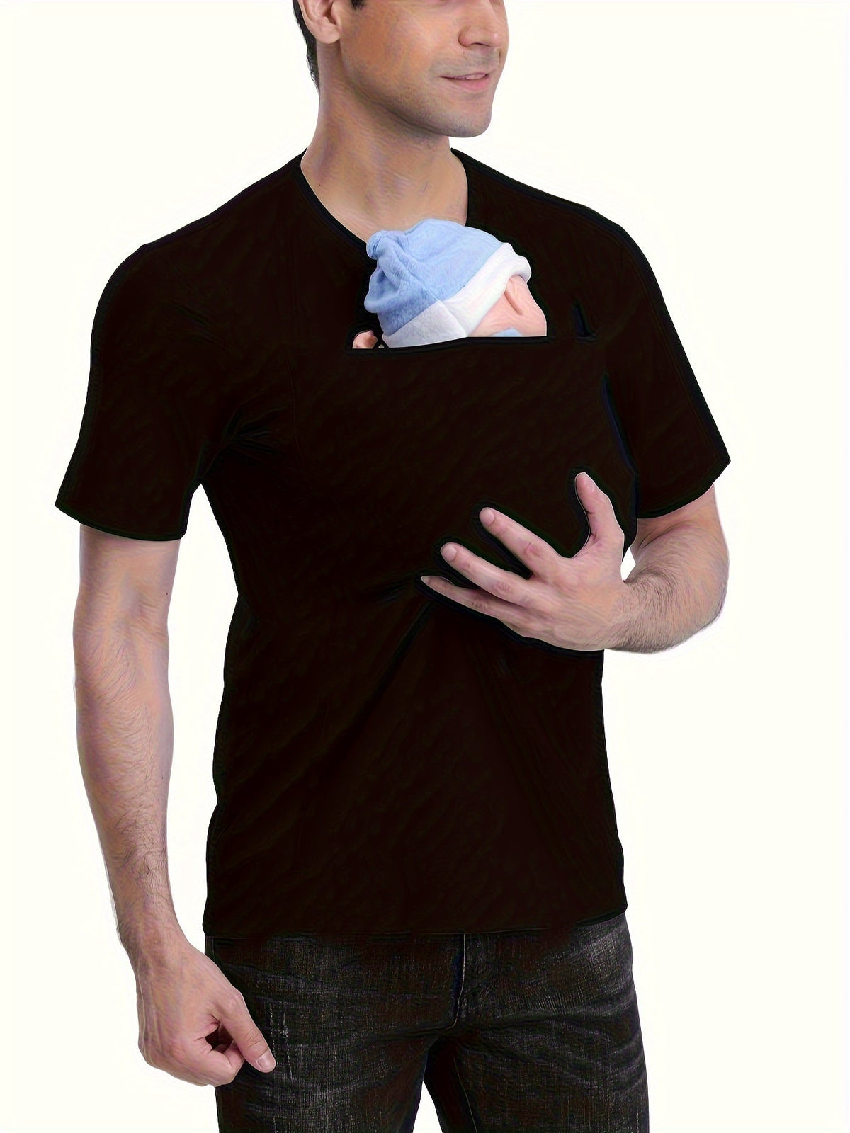 Men’s V-Neck Short Sleeve T-Shirt with Stylish Kangaroo Pocket – Breathable Polyester Blend Ideal for Everyday Casual Streetwear