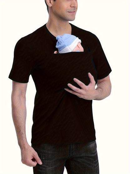 Men’s V-Neck Short Sleeve T-Shirt with Stylish Kangaroo Pocket – Breathable Polyester Blend Ideal for Everyday Casual Streetwear