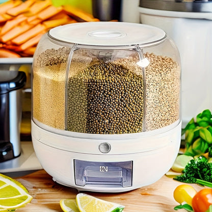 Large Capacity 6-Compartment Grain Dispenser – Airtight 360 Degrees Rotating Rice Bin for Cereals, Flour, Pet Food & Snack Storage