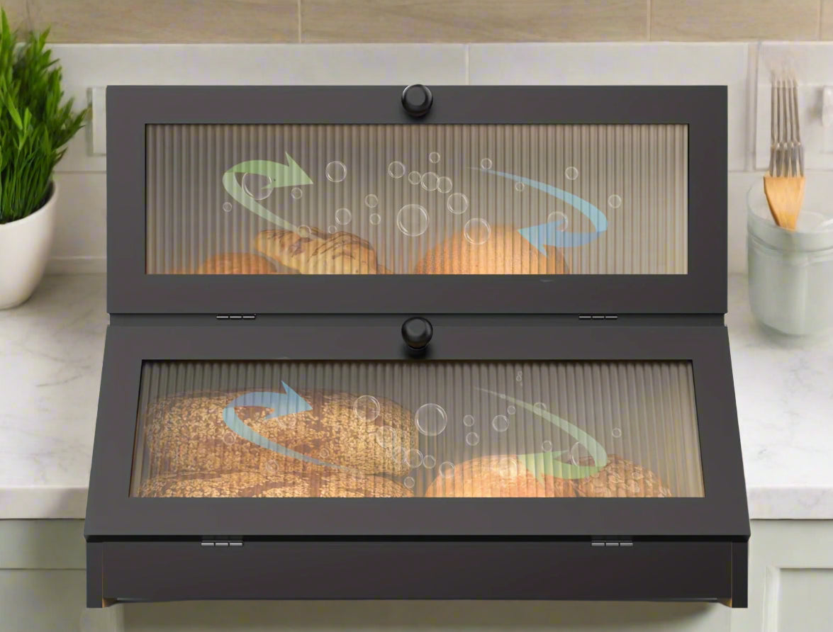Double Layer Bread Box - Two-Tier Counter Cabinet with Fluted Doors and Bamboo-Lined Interior