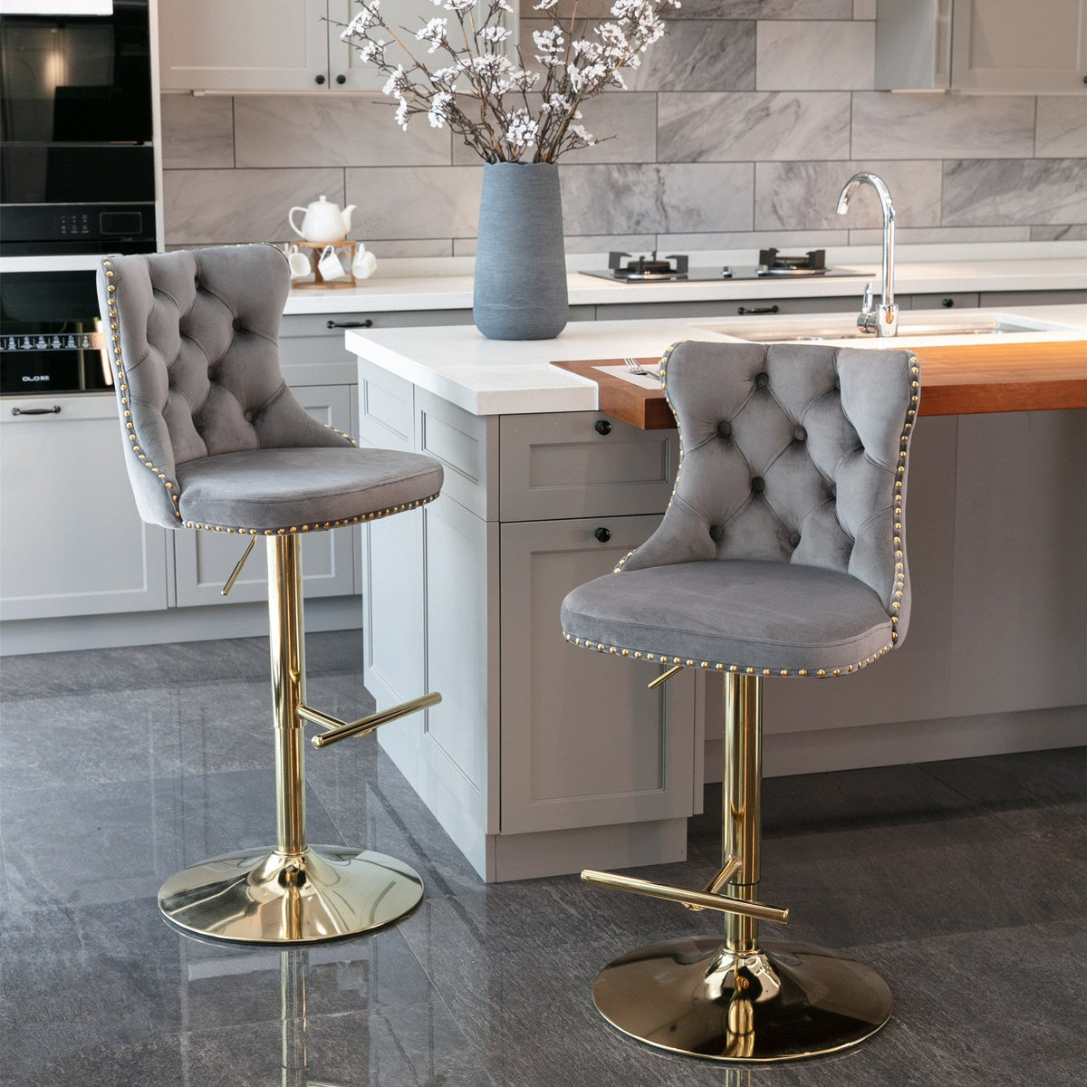 Modern Upholstered Bar Stools with Backs Comfortable Tufted for Home Pub and Kitchen - Adjustable Seat Height from 25-33 Inch