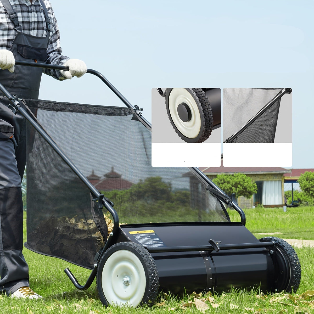 Push Lawn Sweeper - 26 in Sweeping Path, 7 cu ft Mesh Hopper, Four Spinning Brushes, No Fuel or Cord