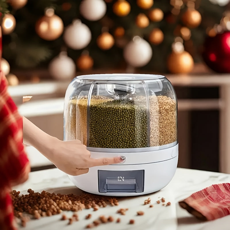 Large Capacity 6-Compartment Grain Dispenser – Airtight 360 Degrees Rotating Rice Bin for Cereals, Flour, Pet Food & Snack Storage