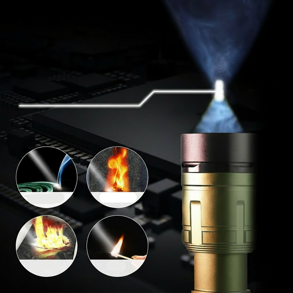 Green Zoom Outdoor Camping Flashlight – Torch with Adjustable Focus & High-Power Beam Capable of Igniting Fire