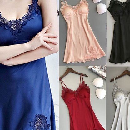 Women’s Satin Babydoll Sleep Dress – Sexy Lace V-Neck Mini Nightgown for Elegant and Flirty Sleepwear Style