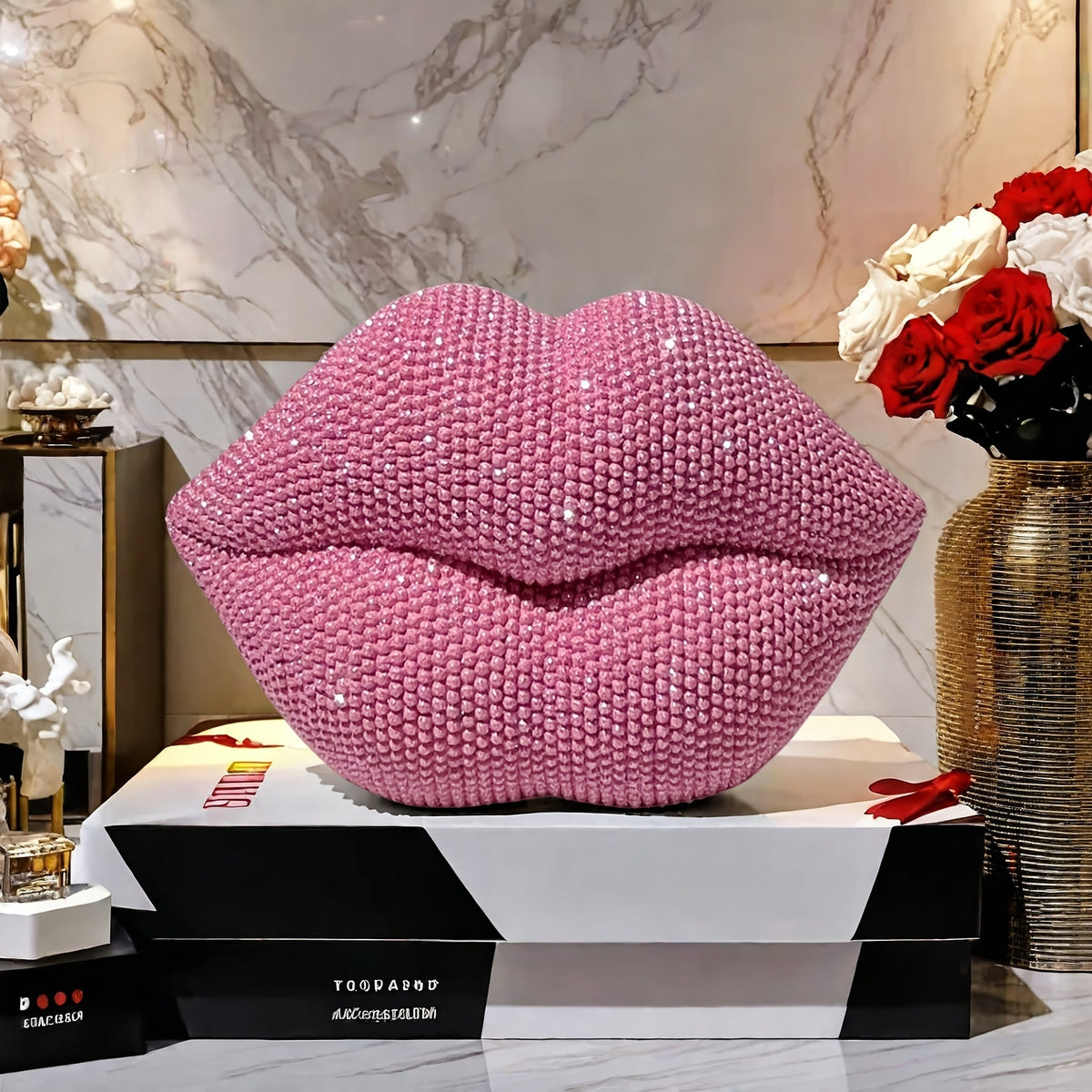 Pink Beaded Lips Statue Decor – Resin Love-Themed Art for Home, Office, Bedroom, Bar, Hotel, Bathroom – Perfect for Weddings, Valentine’s Day, and Romantic Gifts, Indoor Decoration | Beaded Texture | Sleek Finish, Perfect for Thanksgiving