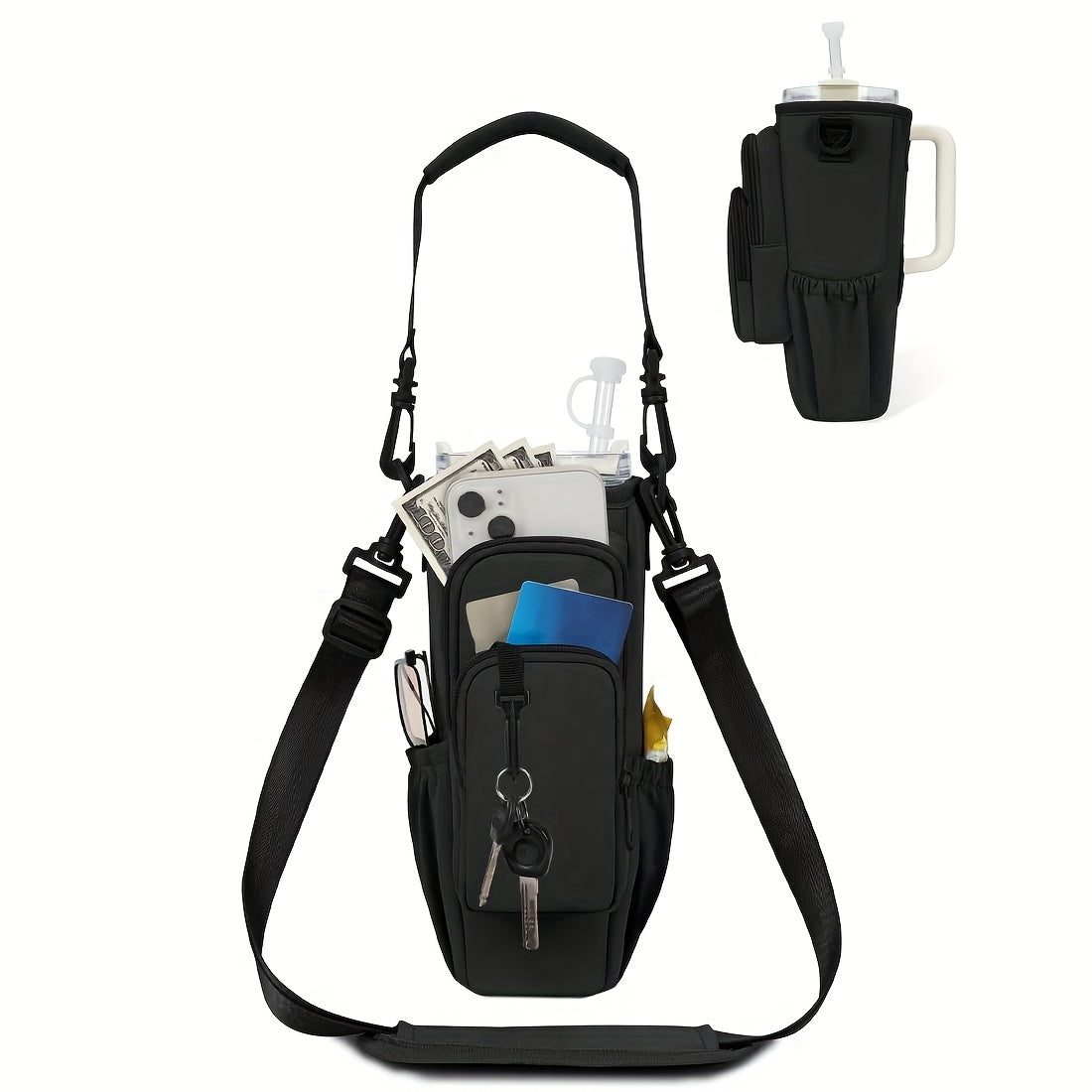 Insulated Water Bottle Carrier Bag – 40oz Sling Holder with Phone Pocket & Straw Lid Cover for Gym, Travel & Outdoor Activities
