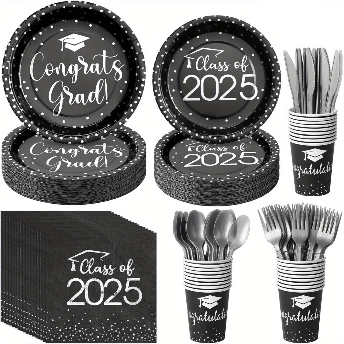 Class of 2025 Graduation Dinnerware Set – Black Gold Silver Disposable Party Plates, Cups & Cutlery for 30 Guests