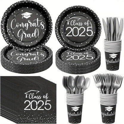 Class of 2025 Graduation Dinnerware Set – Black Gold Silver Disposable Party Plates, Cups & Cutlery for 30 Guests