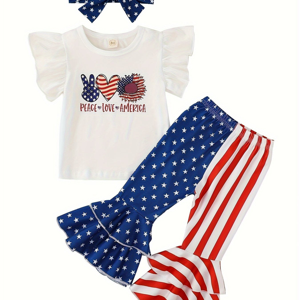 Girls’ 4th of July Flared Pants Set – Patriotic Color-Block Outfit for Toddlers, Perfect for Summer Celebrations & Outdoor Event