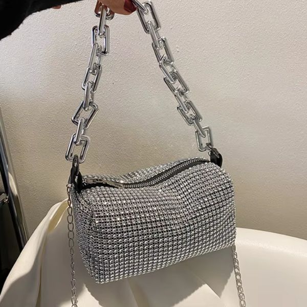 Allover Rhinestone Bucket Bag – Glitter Chain Mini Crossbody