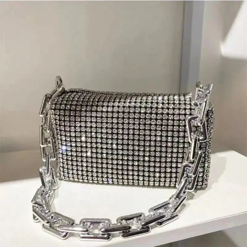 Allover Rhinestone Bucket Bag – Glitter Chain Mini Crossbody