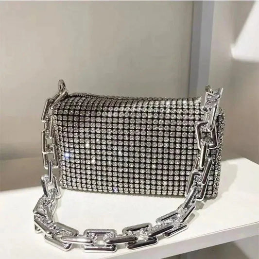Allover Rhinestone Bucket Bag – Glitter Chain Mini Crossbody
