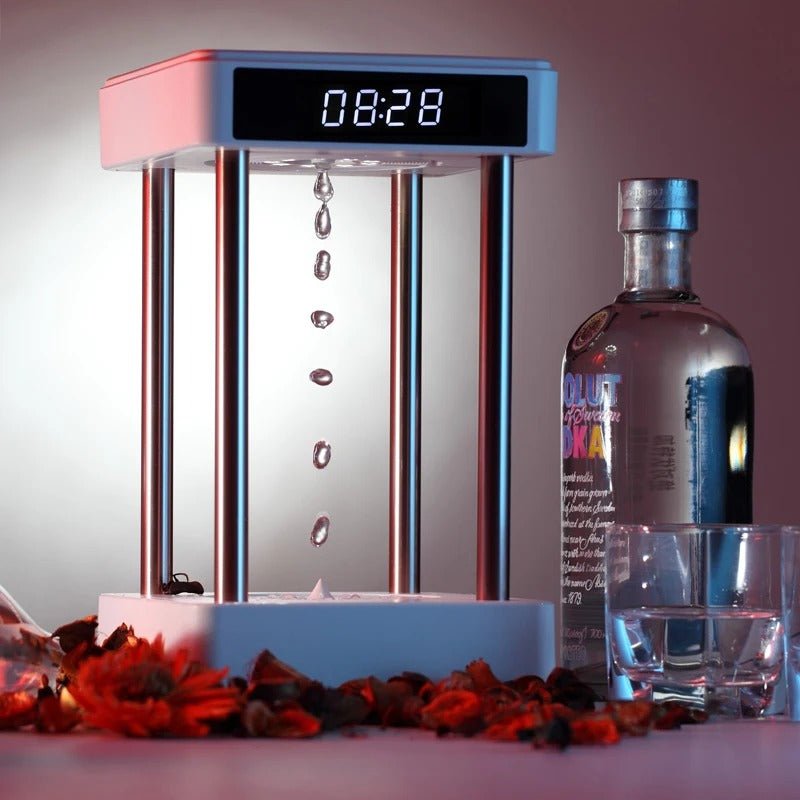 Anti Gravity Waterfall Fountain Clock - Anion Purifying Water Drop Hourglass with Lamp and Clock