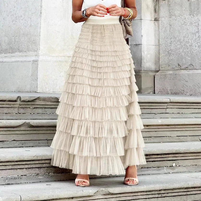 Elegant Women’s Tiered Tulle Maxi Skirt – High Waist Pleated Mesh Ball Gown Perfect for Dating, Parties, and Daily Chic