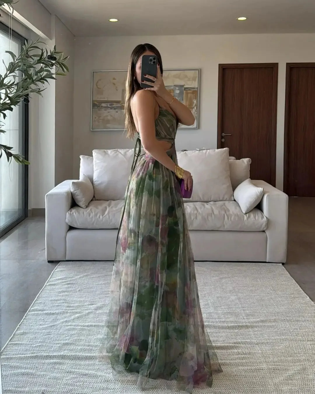 Sexy Hollow-Out Party Maxi Dress – Women’s Summer Print Sleeveless Lace-Up Vestido for Lounge, Outdoor Events or Evening Glamour