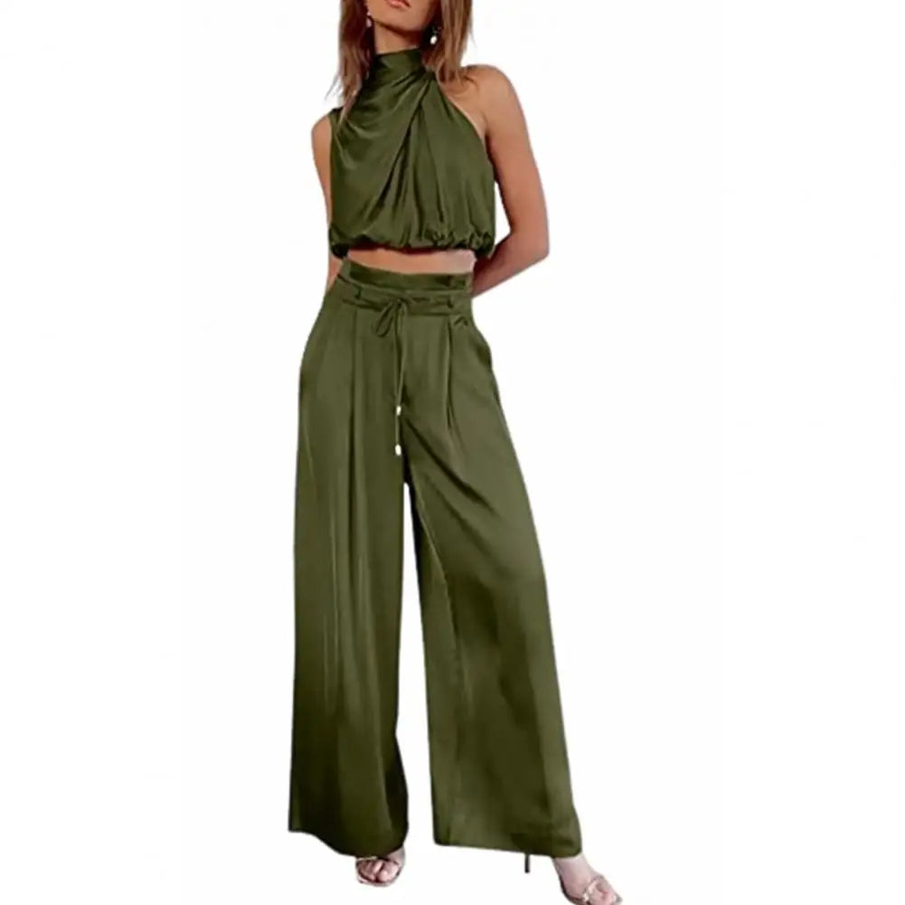 Silky Pleated Two-Piece Set – Sleeveless Top & Wide-Leg Pants for Effortless Elegance