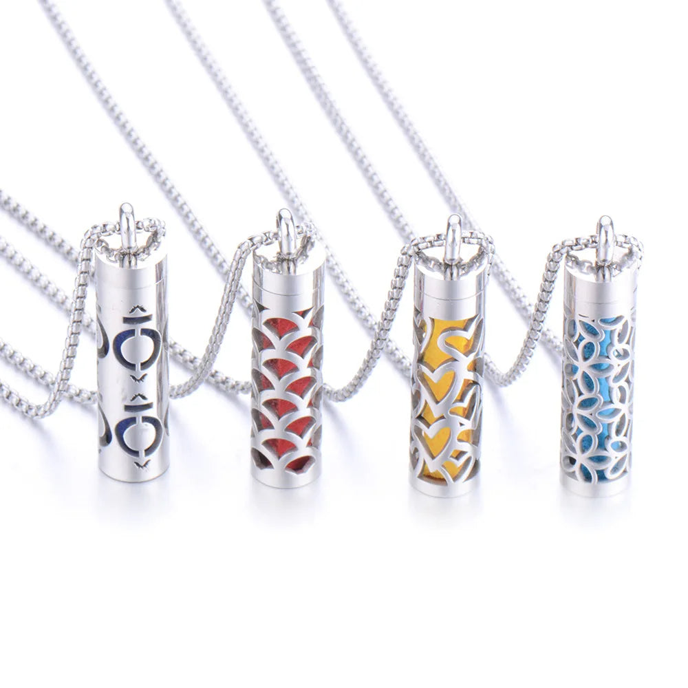 Aromatherapy Pendant Essential Oil Bottle Necklace – Stainless Steel Hollow Corrugated Couple Pendant for Diffusing and Healing Fragrance on the Go