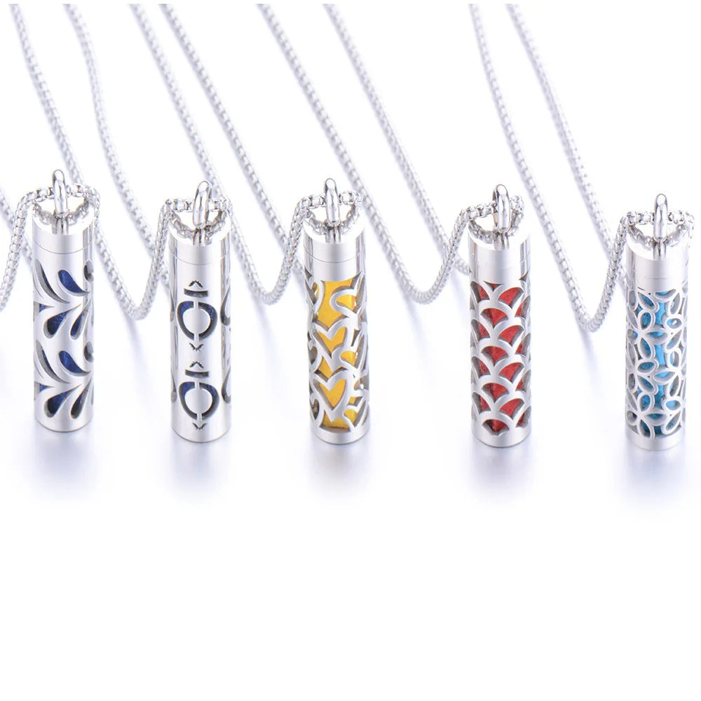 Aromatherapy Pendant Essential Oil Bottle Necklace – Stainless Steel Hollow Corrugated Couple Pendant for Diffusing and Healing Fragrance on the Go