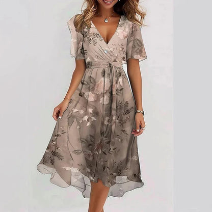 Floral Draped Chiffon Dress – Summer Office Dress with V Neck and High Waist A-Line Fit, Perfect for Elegant Occasions