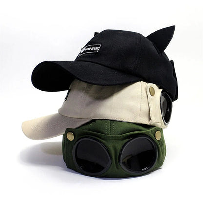 Aviator Cap with Built-In Sunglasses & Adorable Ears – The Ultimate Hip-Hop Streetwear for Bold, Unisex Style