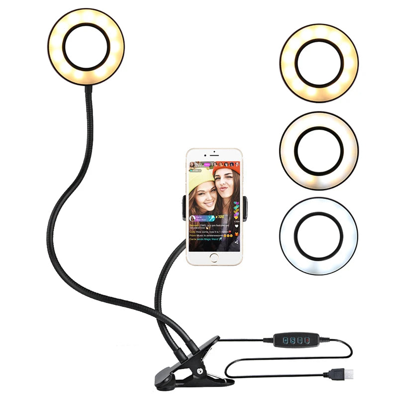 LED Selfie Ring Light with Flexible Mobile Phone Holder – Adjustable Desk Lamp, Lazy Bracket for Streaming, YouTube, Office, or Kitchen