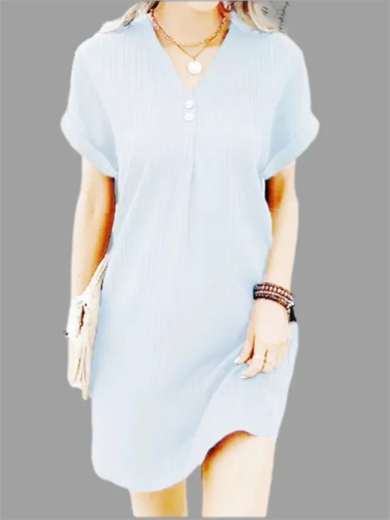 Fashion V-Neck Mini Summer Dress – Short Sleeves, Solid Color, Button Detail for Casual Elegance and Fresh Style
