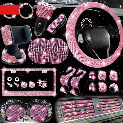 Bling Interior Set for Women with Rhinestone - 27pcs. Luxury Car Accessories for Steering Cover, Crystal Push Start Ring and Gear Trim