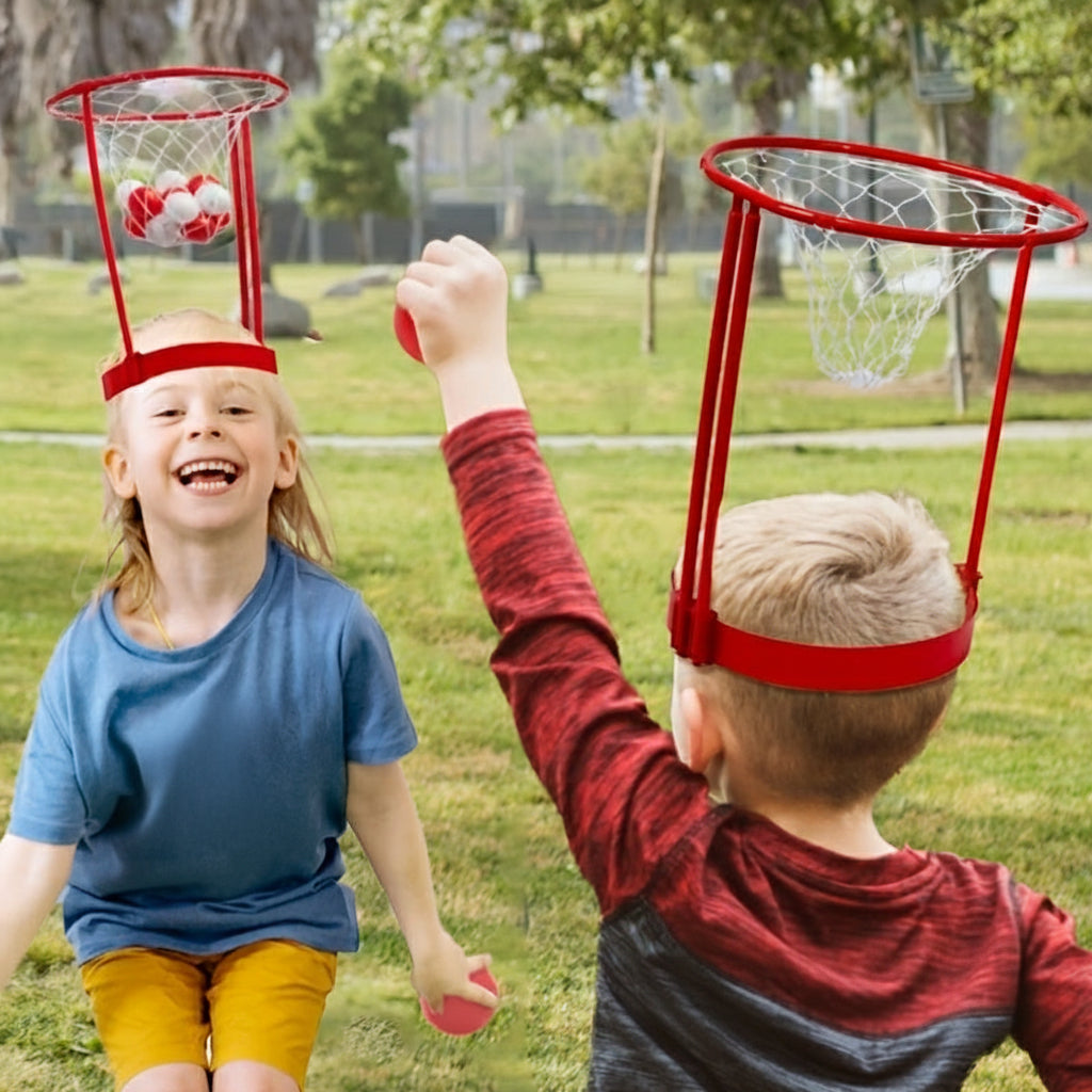 Head Hoop Basketball Party Game Set – 2 Adjustable Basket Net Headbands with 20 Balls for Family, Kids & Carnival Events