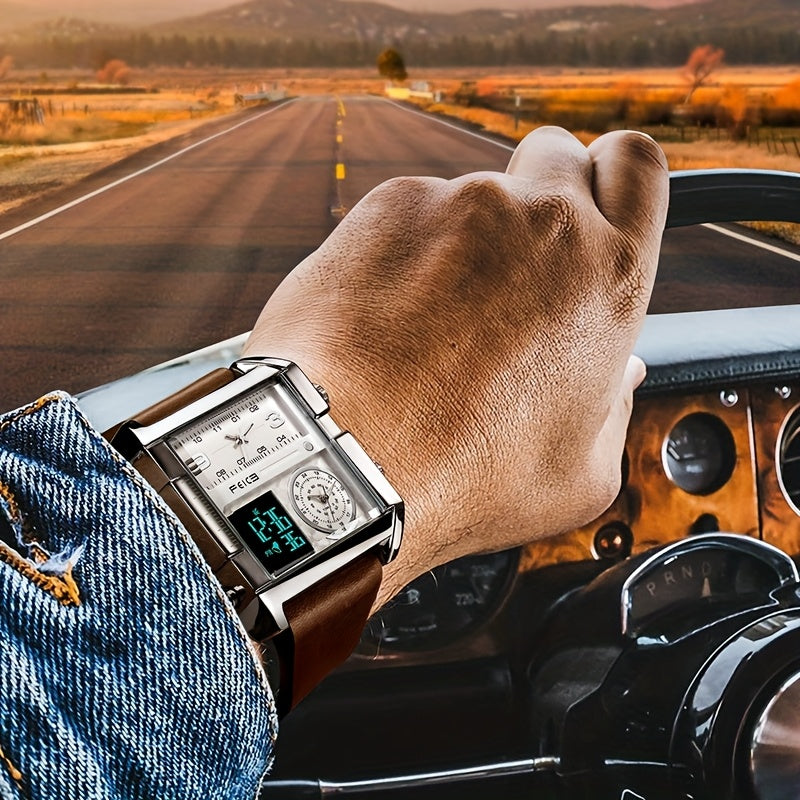 Men’s Business Sports Watch – Large Square Dial LED Quartz Watch with Luminous Display, Alarm and Leather Strap