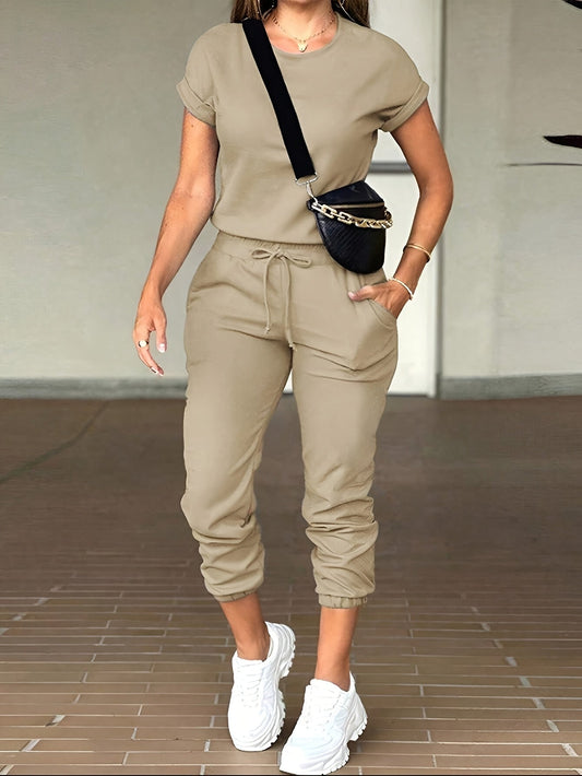Women’s Casual Two-Piece Lounge Suit – Solid Color Short Sleeve Round Neck Top with Pocket Drawstring Long Pants Set