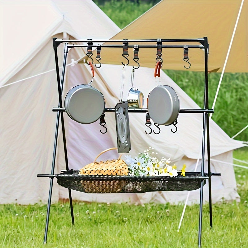 Portable Camping Gear Organizer Rack – Black Aluminum Alloy Frame with Hanging Hooks and Lantern Holder, Easy Setup for Campsites