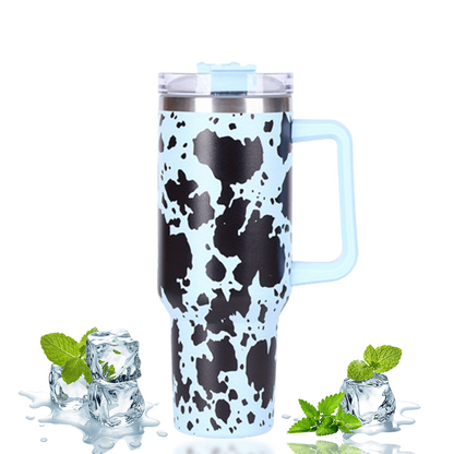 Stainless Steel Insulated Cow Print Tumbler – 40oz Travel Mug with Handle and Straw Lid, Heat-Preserving, Perfect Gift for Camping, Sports, and Outdoor Adventures