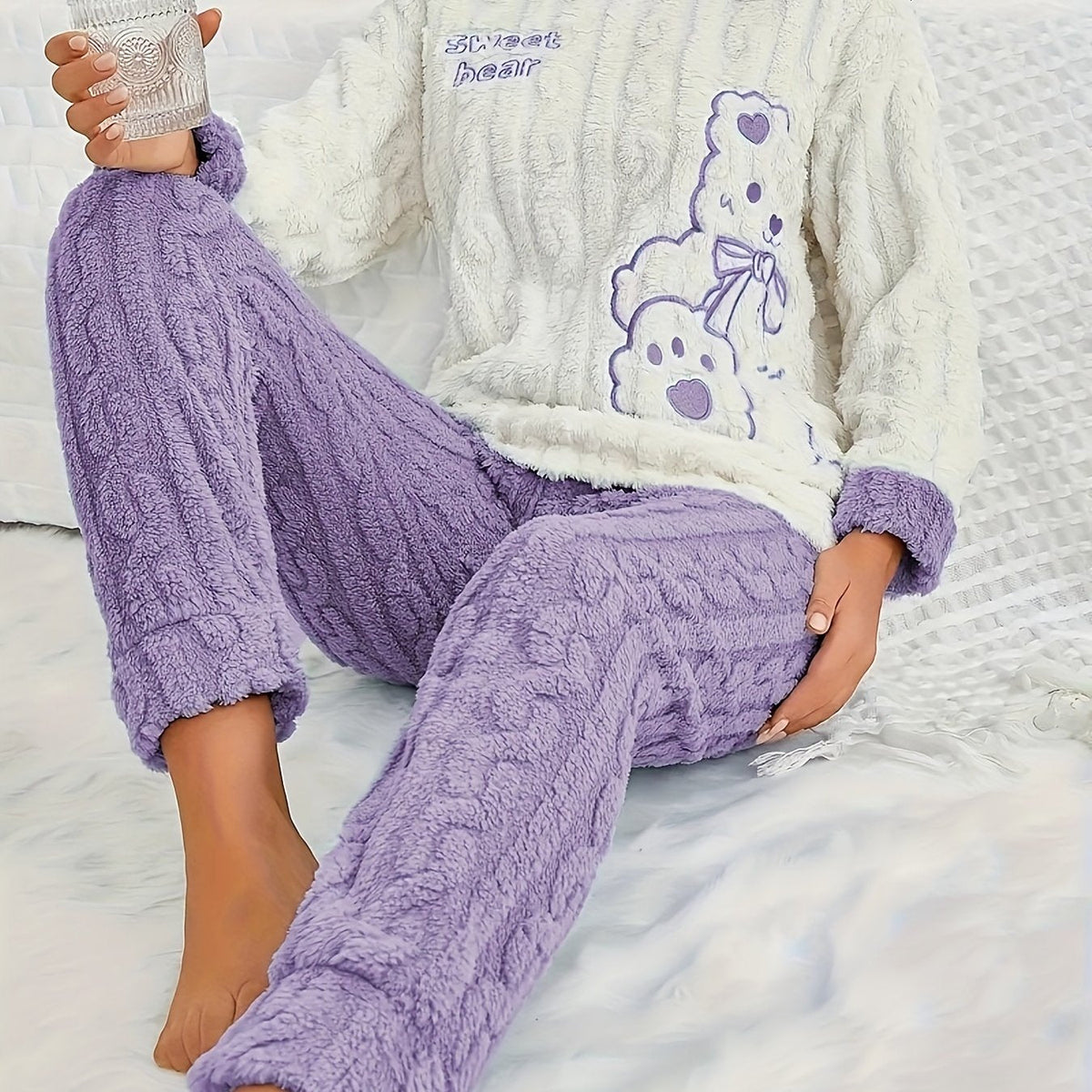 Cute Fleece Teddy Pajama Set for Women – Cozy Cartoon Embroidered Crew Neck Top & Pants for Winter Comfort