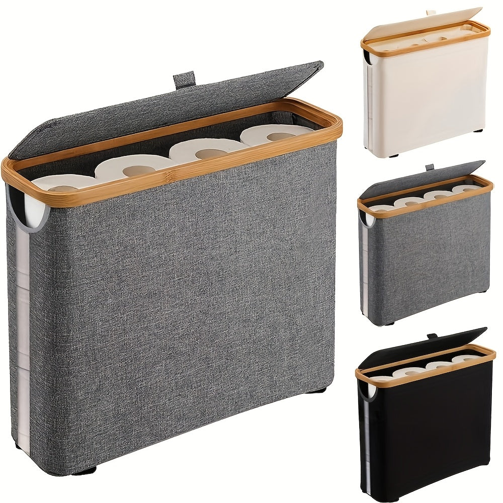 Bamboo Toilet Paper Storage Basket with Lid – Large Capacity Bathroom Organizer Holding Up to 9 Rolls