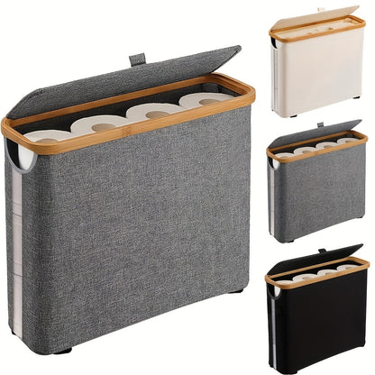 Bamboo Toilet Paper Storage Basket with Lid – Large Capacity Bathroom Organizer Holding Up to 9 Rolls