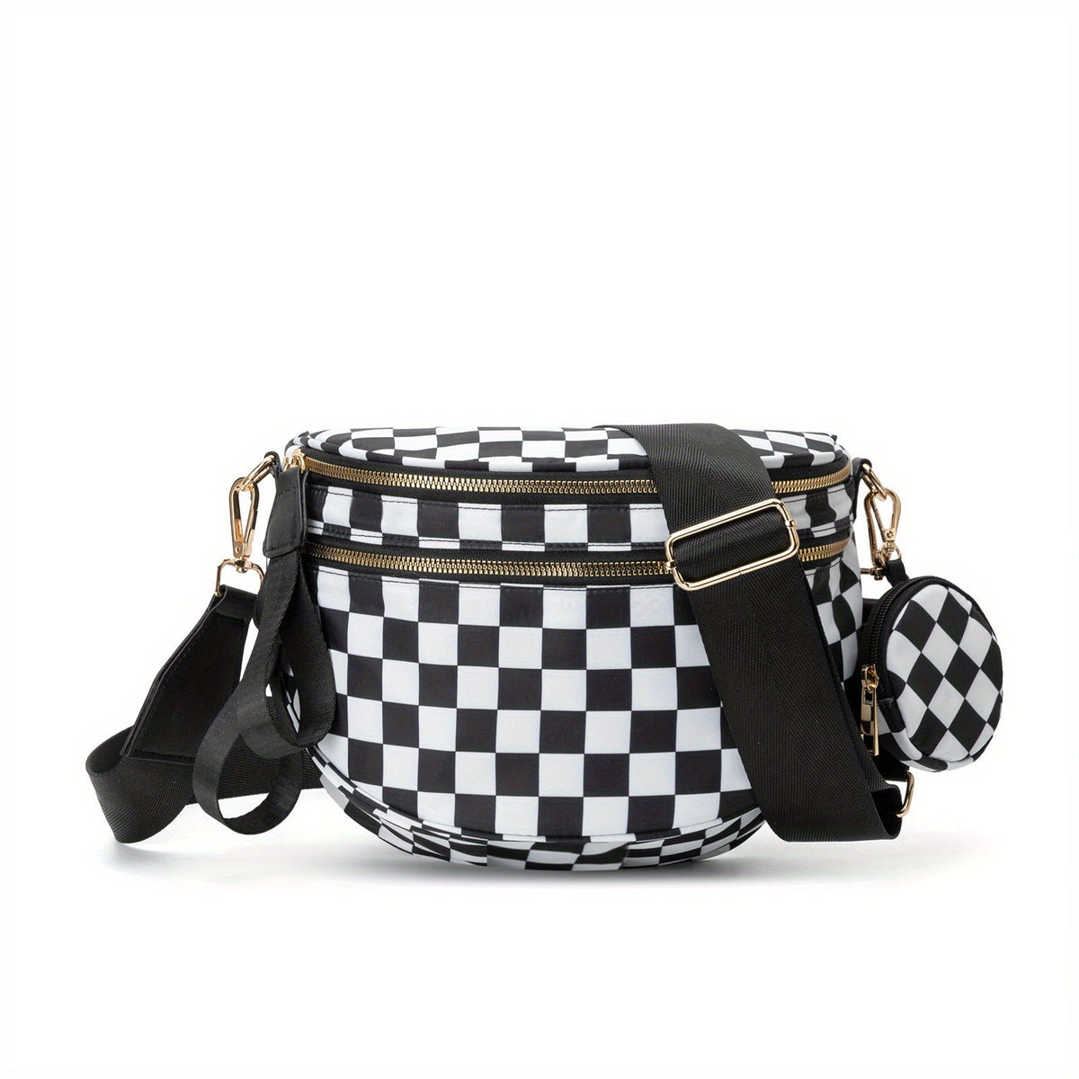 Trendy Shell Shoulder Bag – Lightweight Crossbody Bag with Black & White Grid Design, Outdoor Sports Handbag