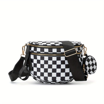 Trendy Shell Shoulder Bag – Lightweight Crossbody Bag with Black & White Grid Design, Outdoor Sports Handbag