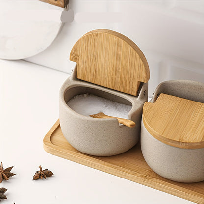 Japanese Ceramic Seasoning Jar Set – Elegant Salt and Sugar Containers with Bamboo Lids for Organized and Stylish Kitchen or Restaurant Use