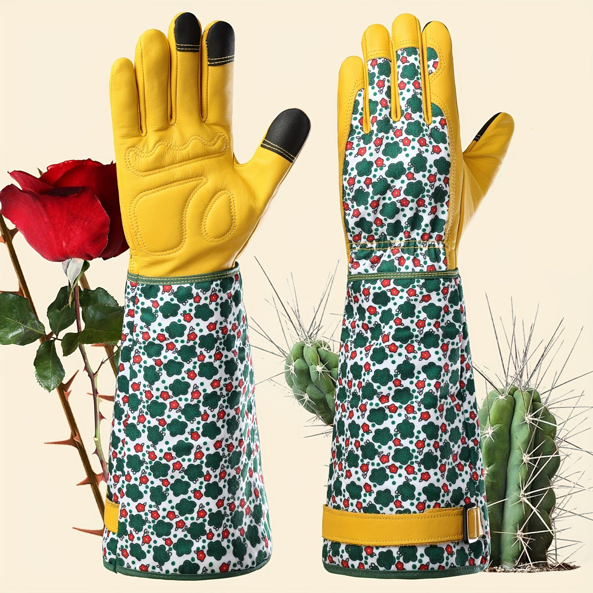 Women’s Gardening Gloves – Durable Green Floral Print Thorn-Proof Cowhide Gauntlet with Touchscreen Feature, Breathable Yard Work Accessory