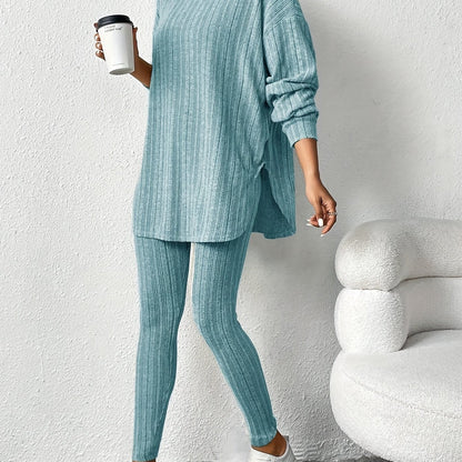 Women's Casual Ribbed Two-Piece Lounge Set – Hooded Long Sleeve Top & Fitted Pants for Relaxed Daily Wear or Travel Outfits