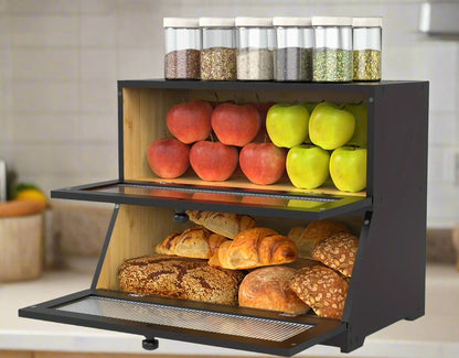 Double Layer Bread Box - Two-Tier Counter Cabinet with Fluted Doors and Bamboo-Lined Interior