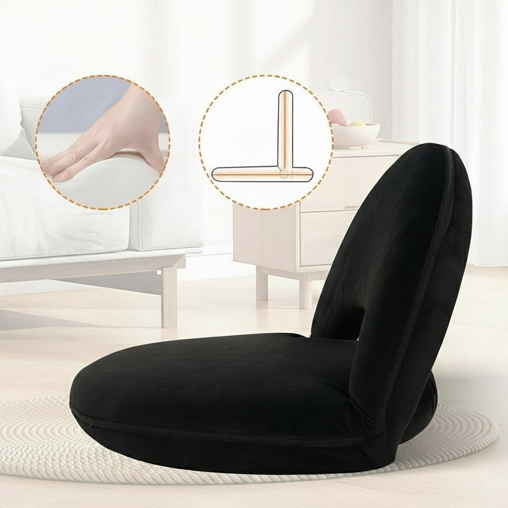 Adjustable Black Lazy Sofa Chair – Foldable Floor Seat with Back & Lumbar Support for Meditation, Yoga, Gaming & Reading
