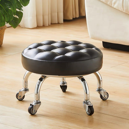 Ergonomic Black Faux Leather Rolling Stool – 360° Swivel Seat with Memory Foam Cushion, Waterproof Design for Home Office, Garage, Salon & Workshop