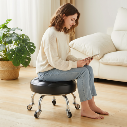 Ergonomic Black Faux Leather Rolling Stool – 360° Swivel Seat with Memory Foam Cushion, Waterproof Design for Home Office, Garage, Salon & Workshop