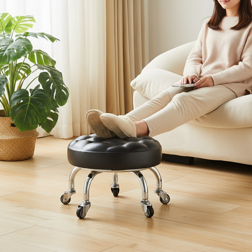 Ergonomic Black Faux Leather Rolling Stool – 360° Swivel Seat with Memory Foam Cushion, Waterproof Design for Home Office, Garage, Salon & Workshop
