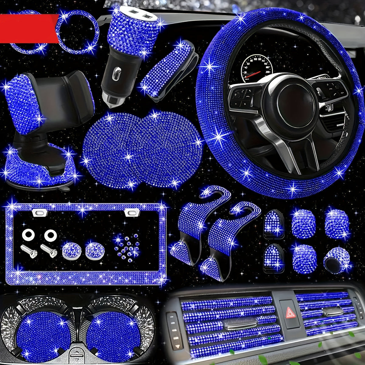 Bling Interior Set for Women with Rhinestone - 27pcs. Luxury Car Accessories for Steering Cover, Crystal Push Start Ring and Gear Trim