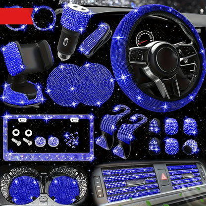 Bling Interior Set for Women with Rhinestone - 27pcs. Luxury Car Accessories for Steering Cover, Crystal Push Start Ring and Gear Trim