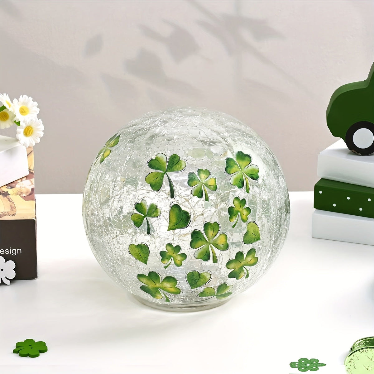 St. Patrick’s Day Shamrock Globe Night Lights – 1/2/4pcs LED Crackle Glass Table Lamps with Timer for Holiday Table Decor