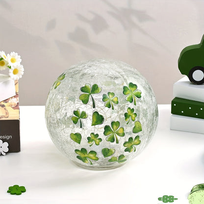 St. Patrick’s Day Shamrock Globe Night Lights – 1/2/4pcs LED Crackle Glass Table Lamps with Timer for Holiday Table Decor